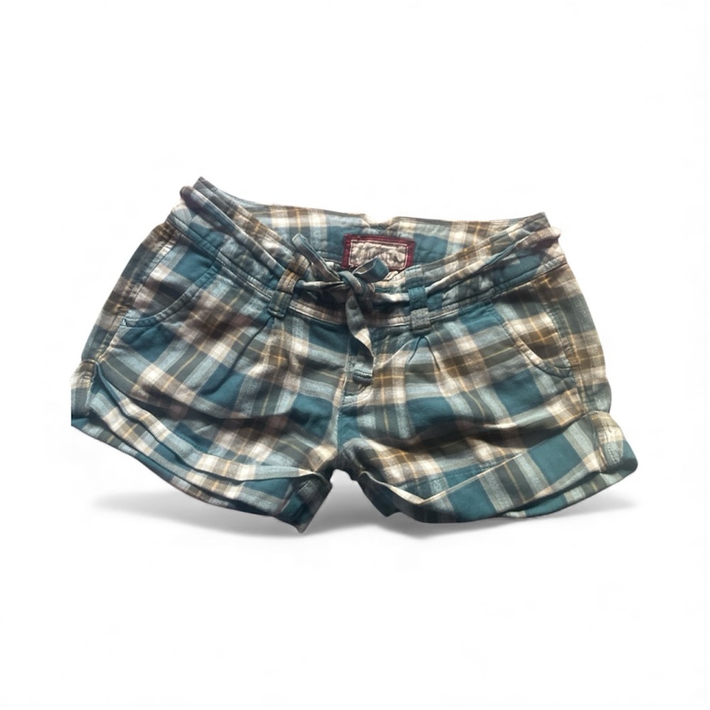 Hollister Blue and Brown Plaid Women's Cargo Shorts